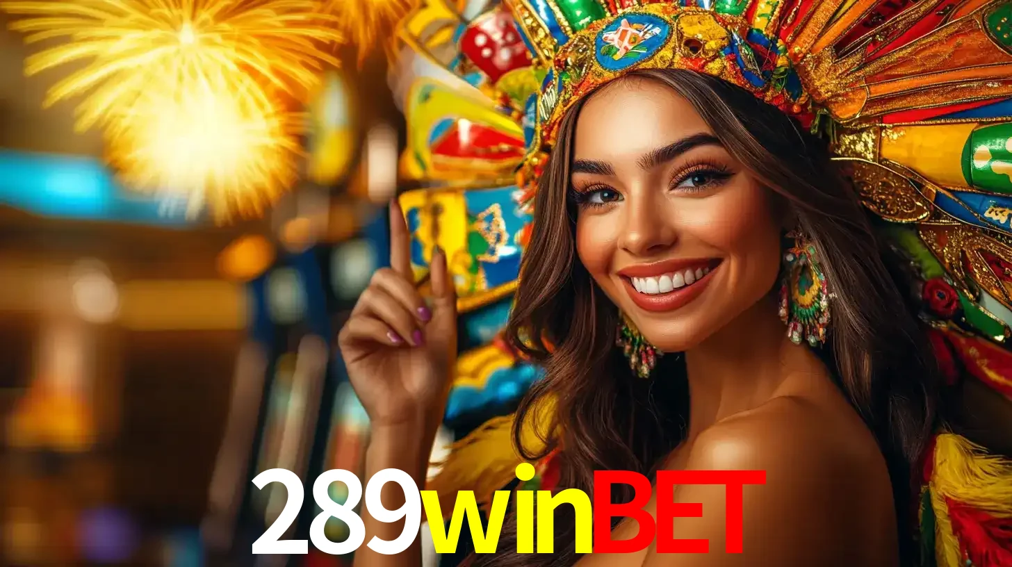 Mulher sorridente com um cocar de carnaval vibrante e colorido, celebrando uma grande vitória nos jogos do cassino 289winbet com fogos de artifício ao fundo.