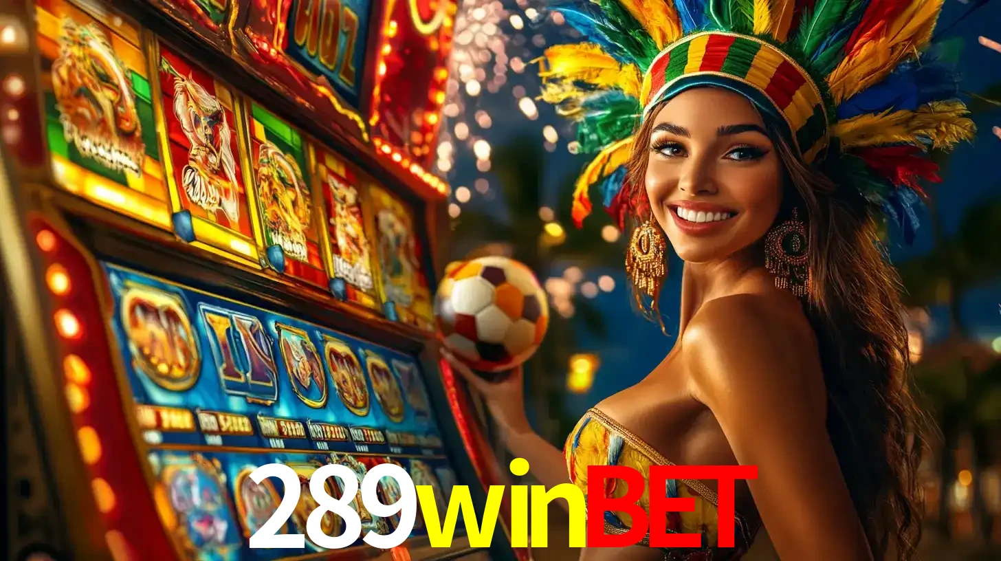 Mulher com um cocar de carnaval ao lado de uma máquina de caça-níqueis enquanto segura uma bola de futebol, mostrando a união da diversão de cassino e esportes no 289winbet.