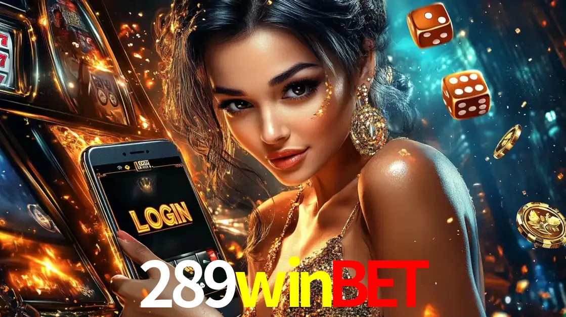 Mulher glamourosa segurando um celular com a tela de login do cassino 289winbet, rodeada por dados e moedas douradas, pronta para começar a diversão.