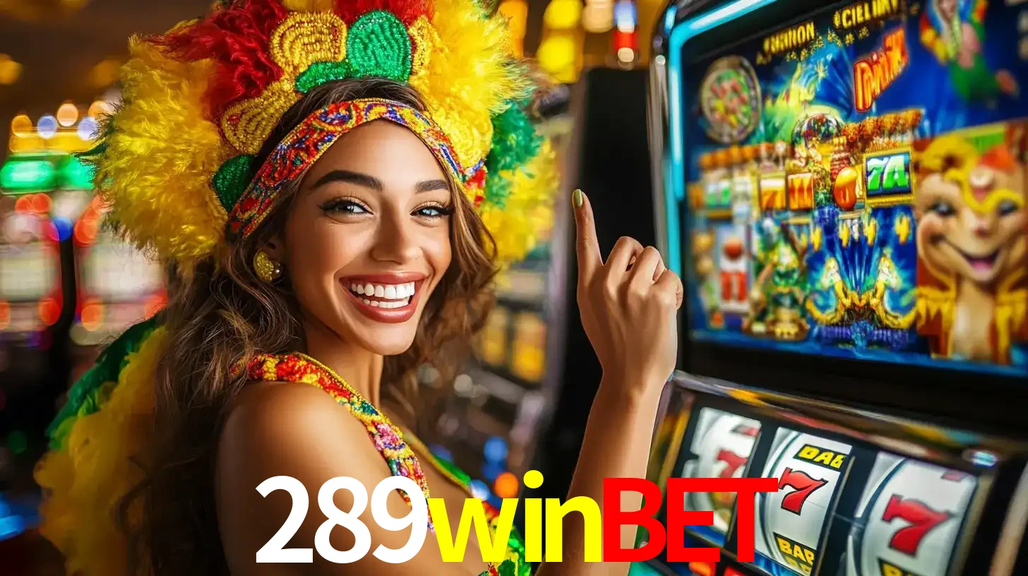 Mulher animada com um cocar de carnaval apontando para uma máquina de caça-níqueis, mostrando a emoção de ganhar um grande prêmio nos jogos do 289winbet.
