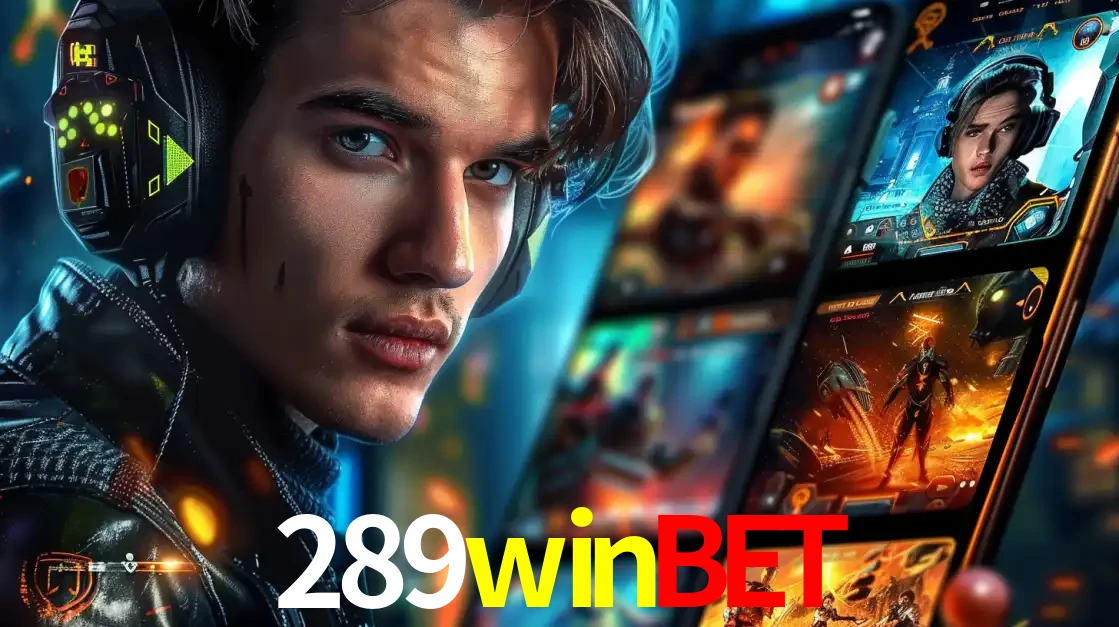 Jovem jogador com fones de ouvido olhando para a câmera, com um aplicativo de jogos e e-sports para celular ao fundo, pronto para a competição e apostas no 289winbet.
