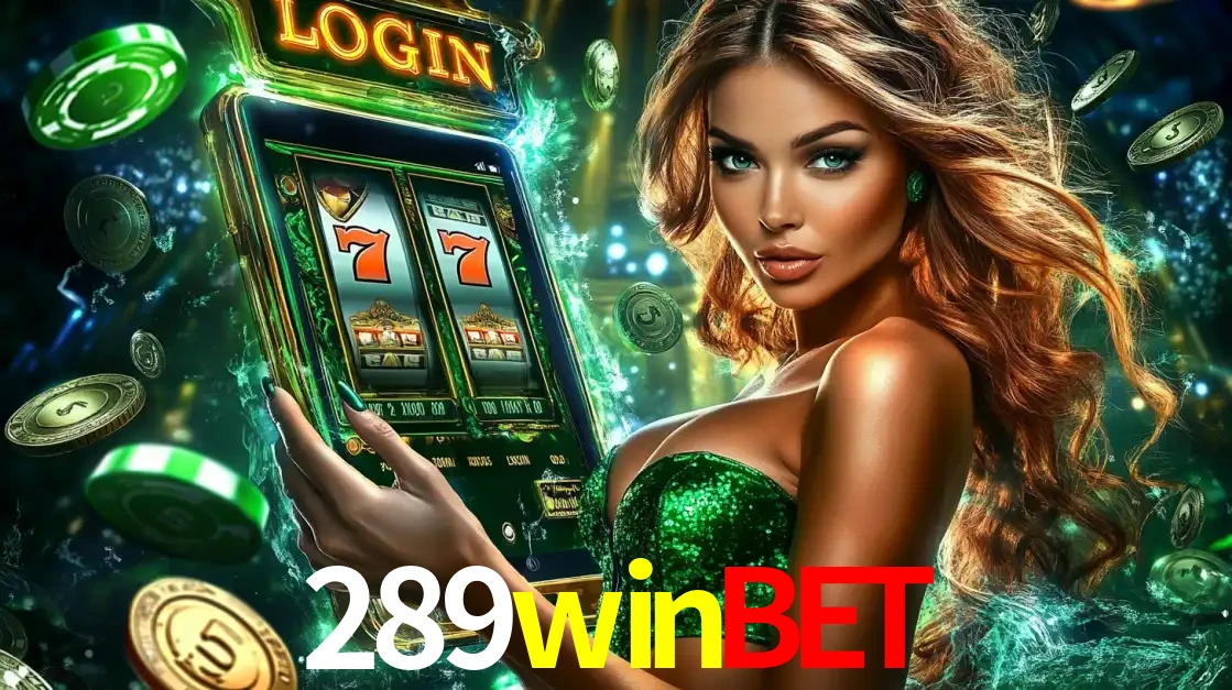Mulher com tema verde apresentando o aplicativo do cassino 289winbet com um jogo de slot de 777, cercada por fichas de cassino e uma aura de sorte.