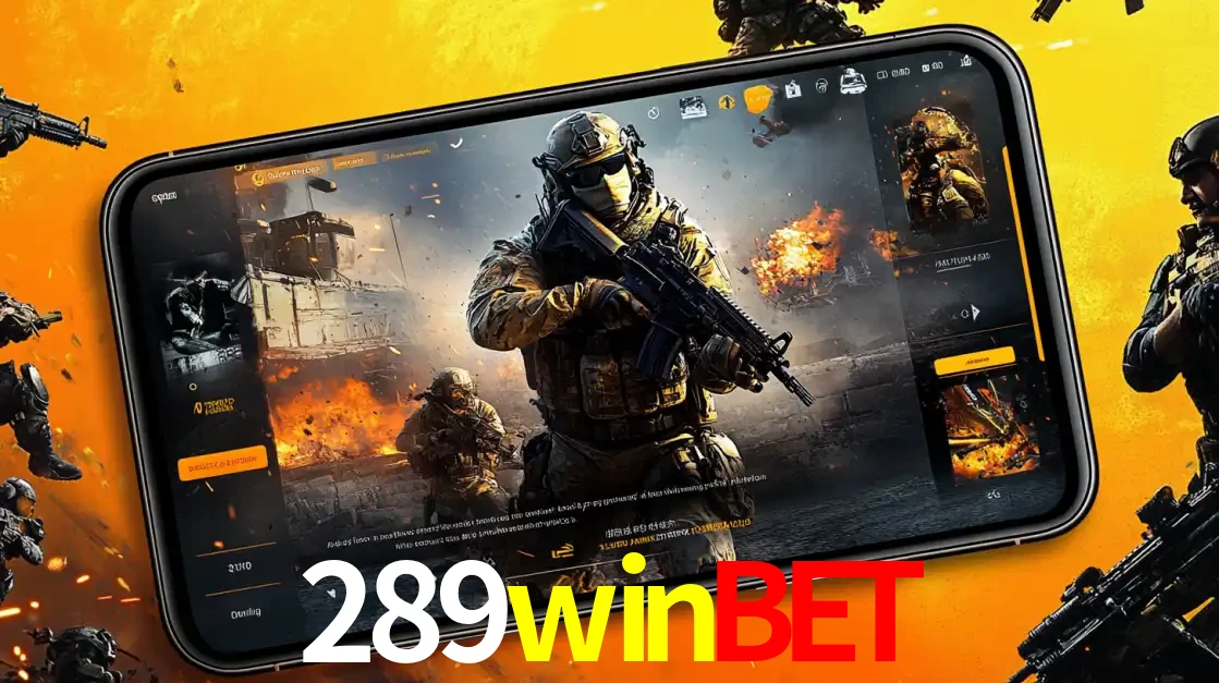 Um smartphone exibindo a interface de um jogo de tiro em primeira pessoa, com um soldado em um cenário de batalha, representando a ação dos e-sports para apostar no 289winbet.