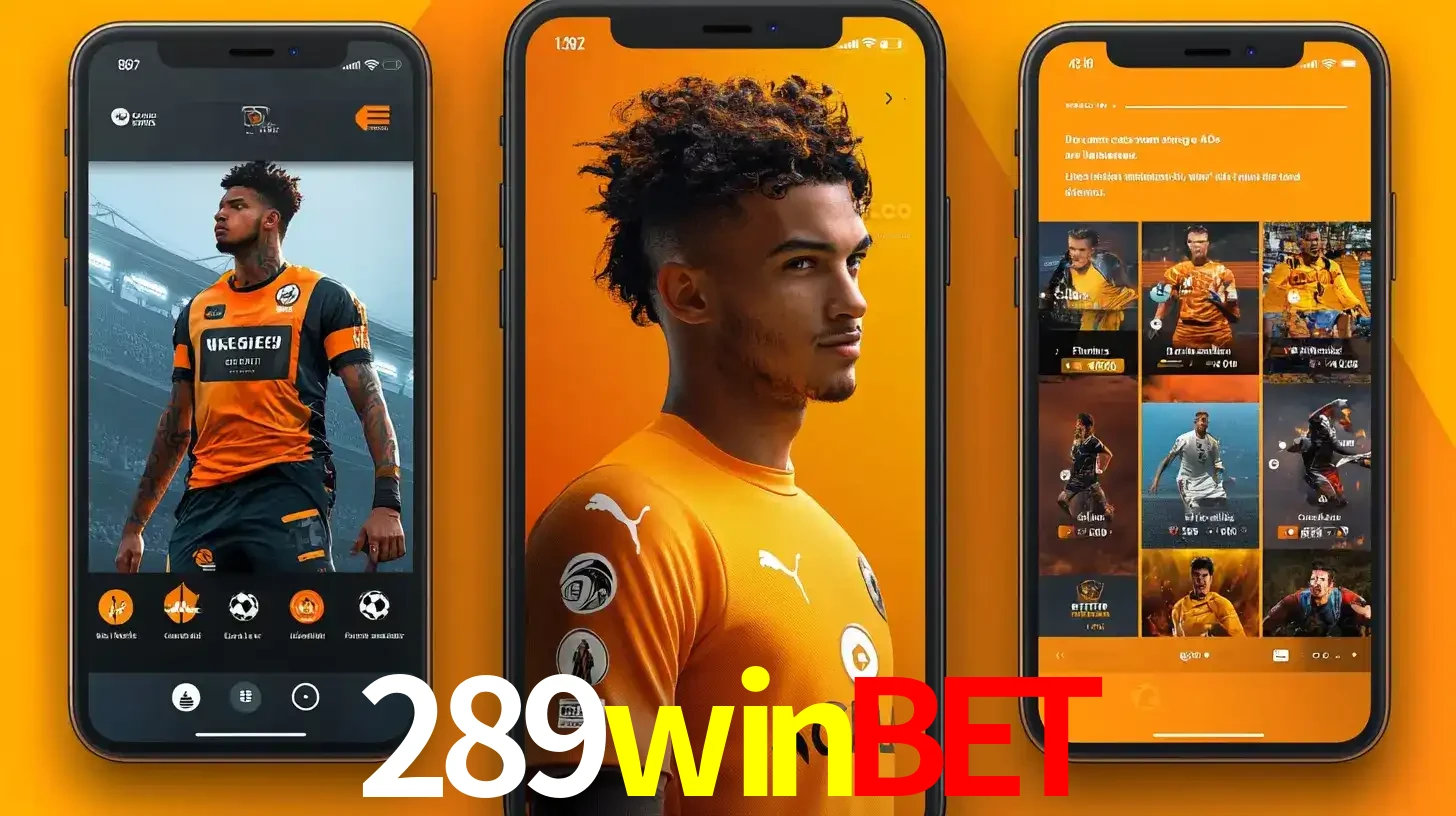 Interface do aplicativo de apostas esportivas 289winbet em três telas de celular, mostrando o perfil de um jogador de futebol e a lista de jogos disponíveis para apostar.