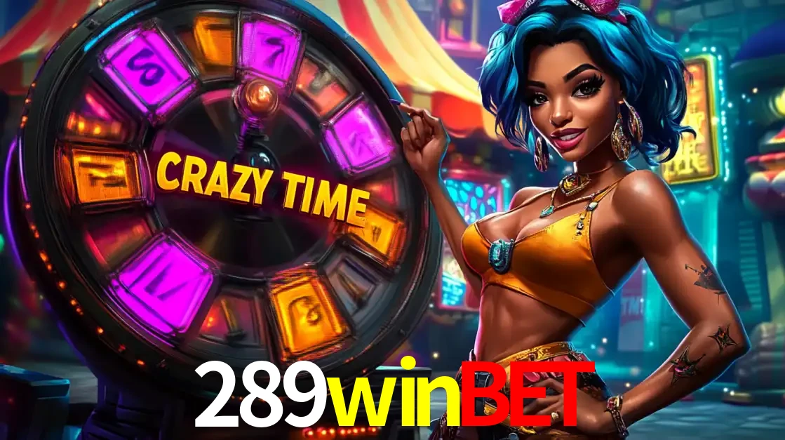 Mulher estilizada com cabelo azul e visual vibrante posando ao lado da roda de prêmios do game show Crazy Time, convidando para a diversão e os bônus do cassino 289winbet.