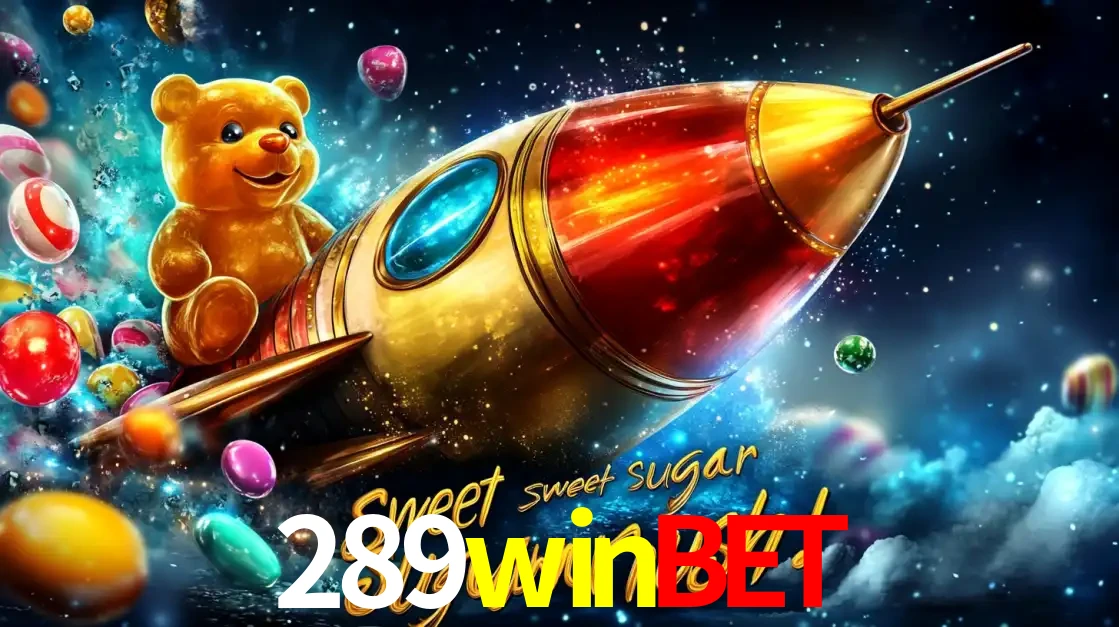 Arte promocional do jogo de slot Sugar Rush, com um urso de pelúcia em um foguete viajando pelo espaço de doces, um dos jogos divertidos disponíveis no cassino 289winbet.