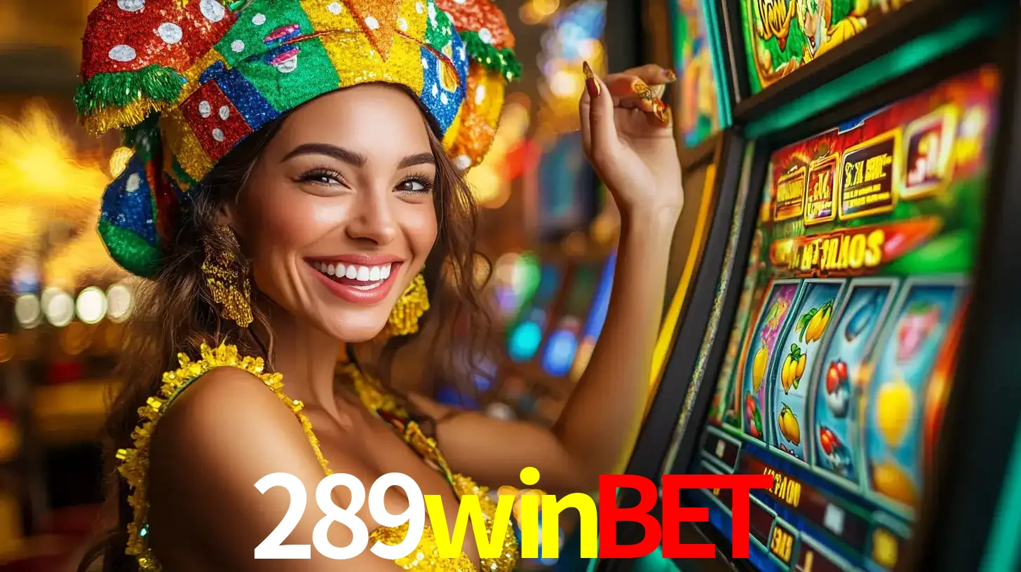 Mulher feliz com traje de carnaval amarelo e colorido ao lado de uma máquina de caça-níqueis, aproveitando a diversão e os jogos temáticos do cassino 289winbet.