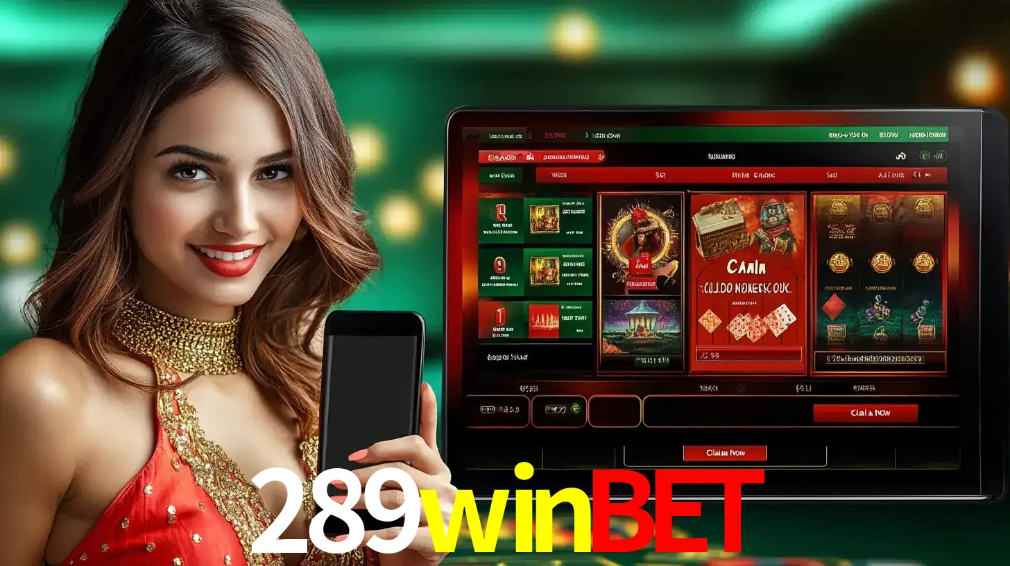 Mulher sorridente segurando um smartphone, ao lado de uma tela exibindo o lobby de jogos do cassino online 289winbet, com várias opções de jogos de cartas e slots.